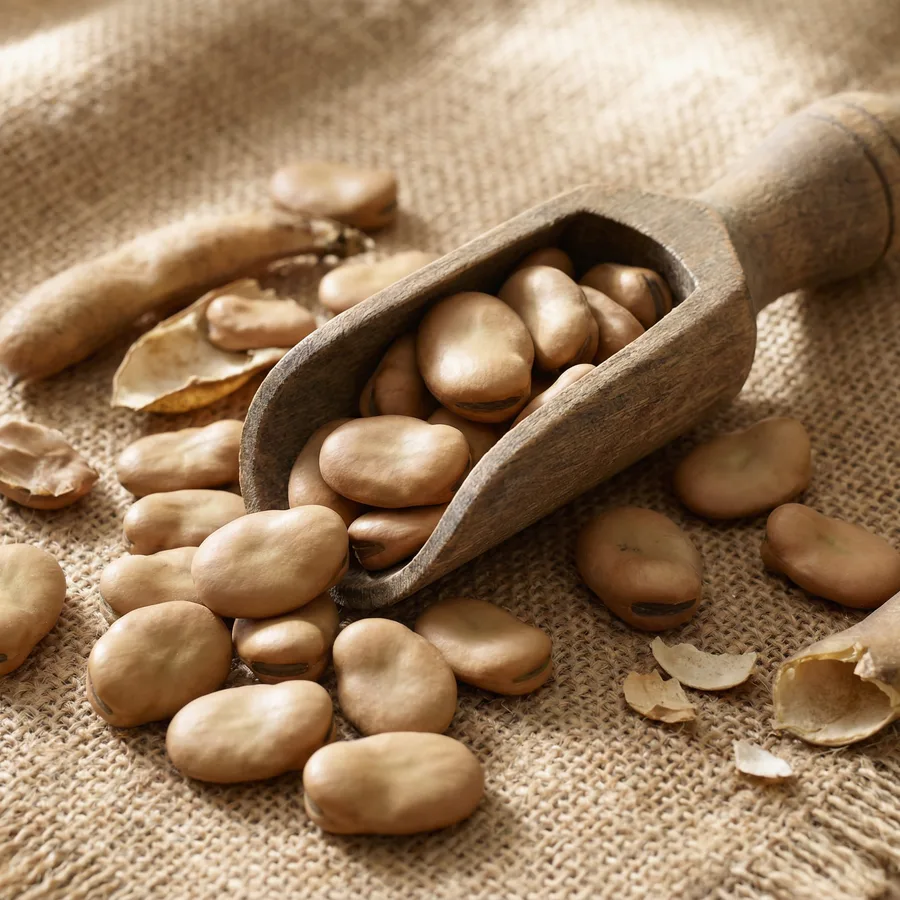 Broad beans with a wooden scoop on burlap