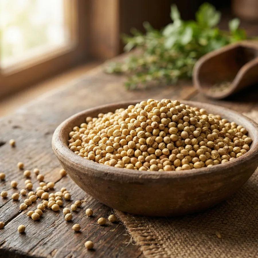 Coriander seeds in a wooden bowl