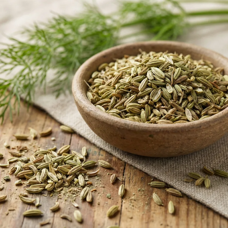 Fennel seeds in a bowl with fresh fennel