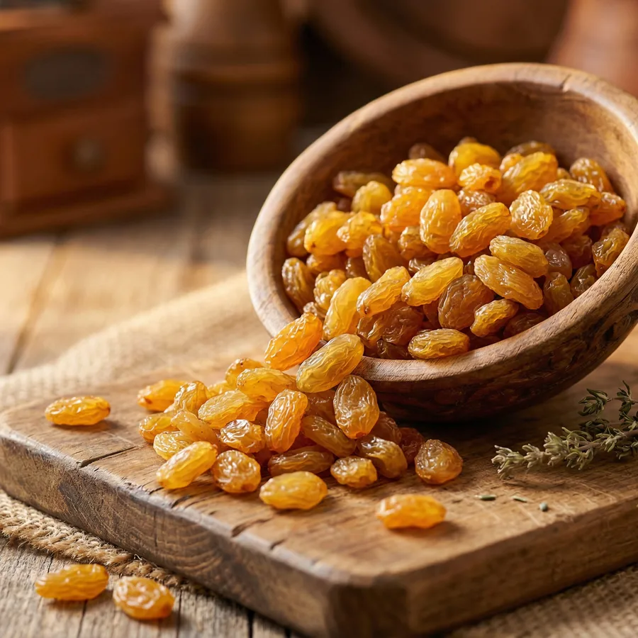 Golden raisins in a wooden bowl