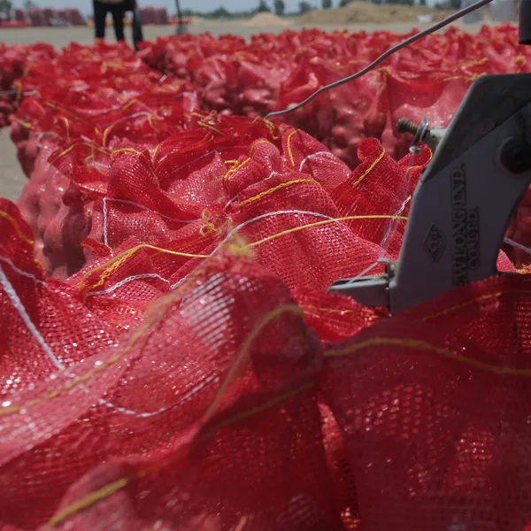 A mesh sack of onions being closed with a sewing machine