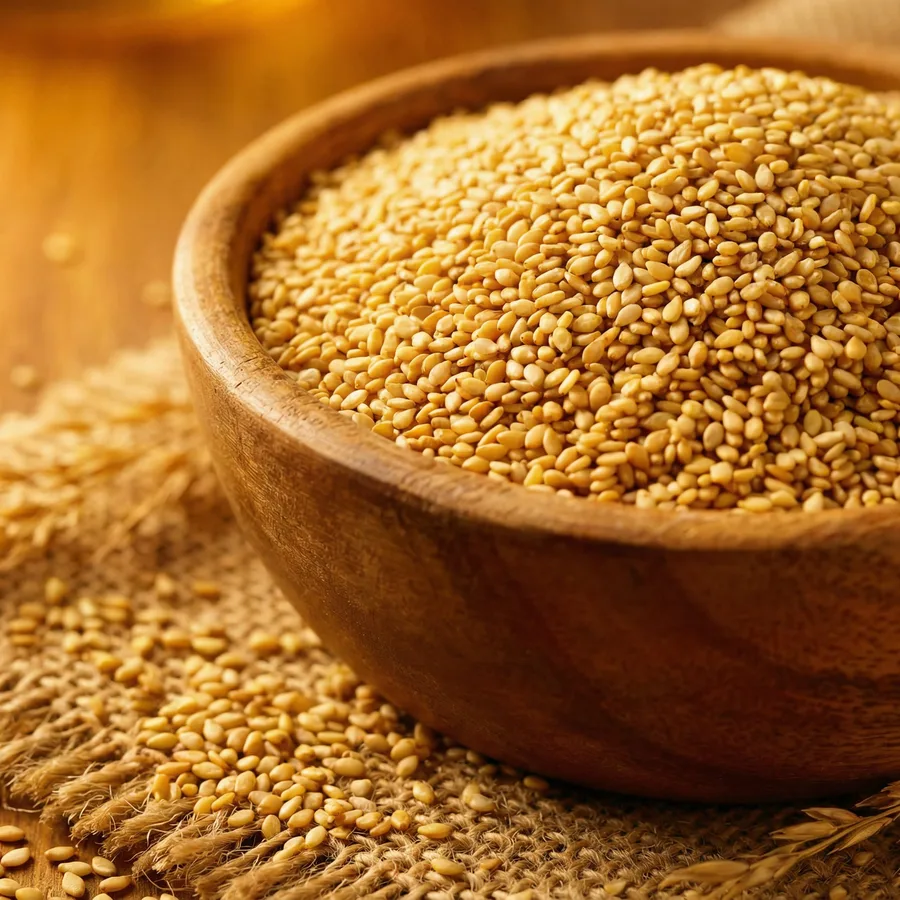 Golden sesame seeds in a wooden bowl